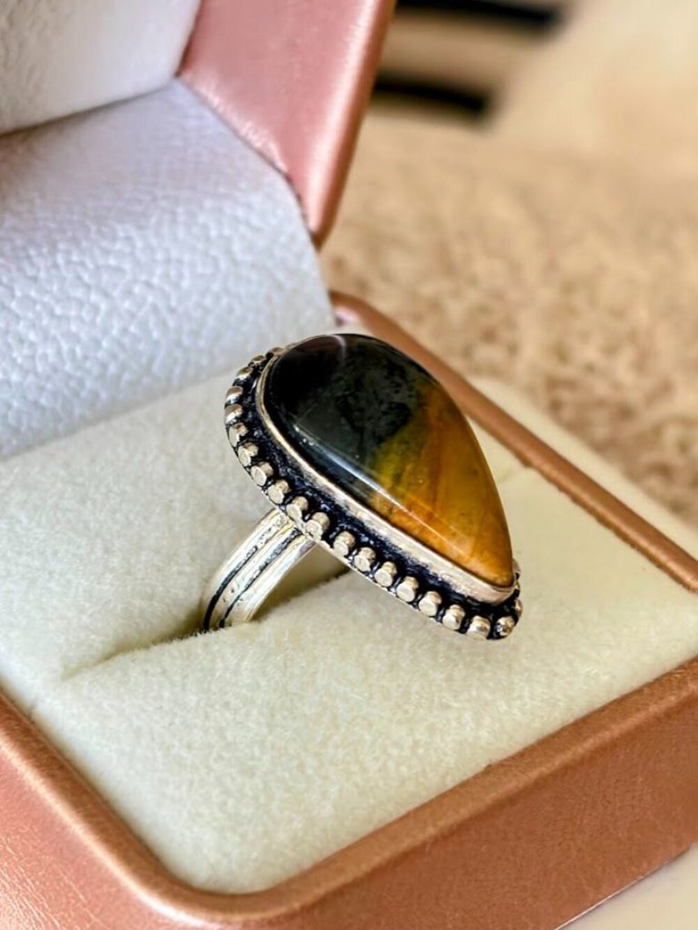 Picasso Jasper Teardrop Stone Statement Ring 925 Silver Plated - Size 7.25